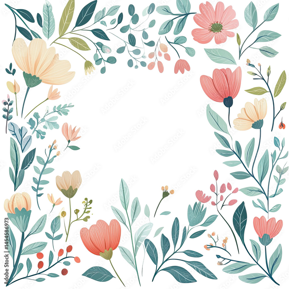 custom made wallpaper toronto digitalPastel Floral Square Frame Illustration With Peach Pink Flowers And Blue-Green Leaves Isolated on Transparent Background