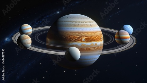 A mesmerizing cosmic scene featuring Jupiter and its moons. The gas giant's swirling bands of color and prominent rings are accentuated by the smaller celestial bodies orbiting around it.