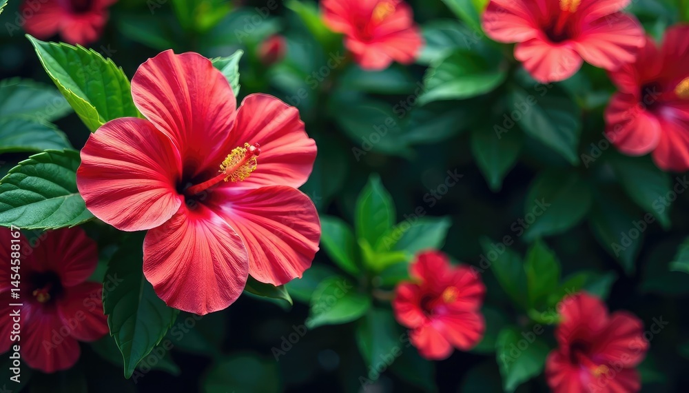 custom made wallpaper toronto digitalBold hibiscus flowers, repeating design, lush green foliage , bloom, blossom