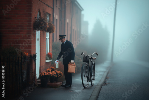 Milkman Leaving Fresh Glass Milk Bottle on Red Brick Doorstep