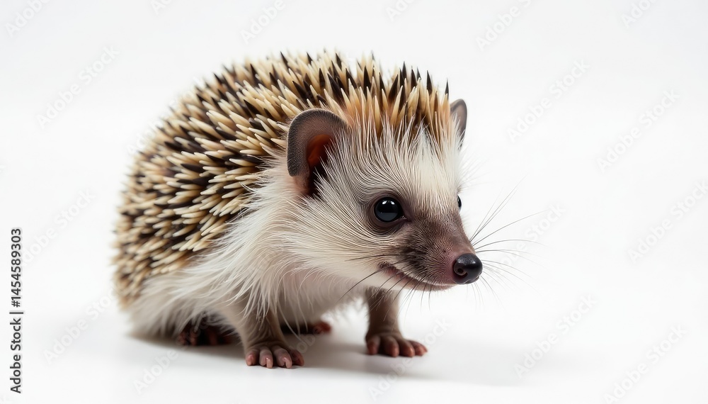 Fototapeta premium Close-up of a hedgehog on a pure white background , domestic, macro