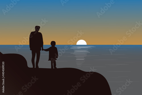 Father with his son on the beach at sunset, tropical vacation in summer, Happy Father's Day concept, vector illustration design background