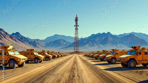 Military vehicles lined up on a desert road with a communication tower against a mountain backdrop