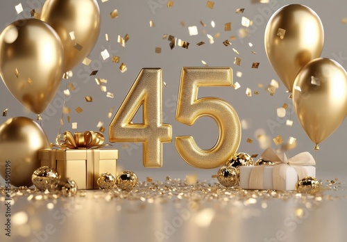 Golden 45th Birthday Celebration with Balloons and Confetti Decor