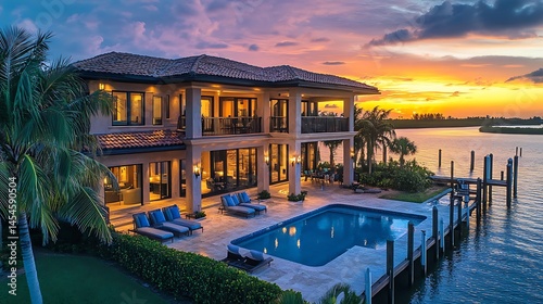 Luxurious waterfront home at sunset with swimming pool and dock.