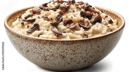 Creamy wild mushroom risotto made with Arborio rice, served in a ceramic bowl, presented side view in a cozy Italian trattoria setting