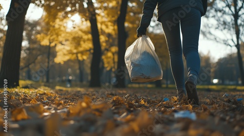 Person Cleaning Autumn Leaves Littering in Park, Environmental Awareness