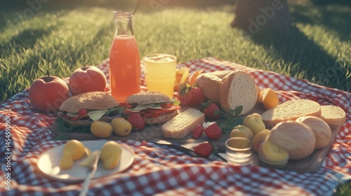 Idyllic summertime picnic scene with delicious food and refreshing drinks outdoors