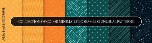 Collection of vector seamless minimalistic patterns. Modern stylish unusual prints. Bright colorful repeatable backgrounds