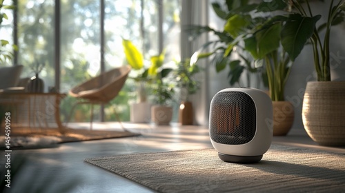 Compact Heater Enhancing a Serene Interior with Houseplants and Natural Light