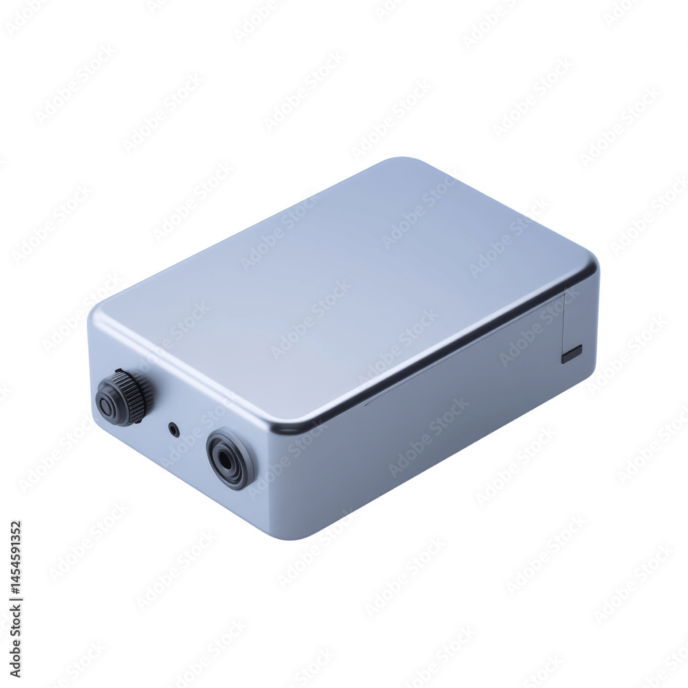 Sleek Silver Electronic Device with Ports and Knob Sleek Silver Electronic Device with Ports and Knob
