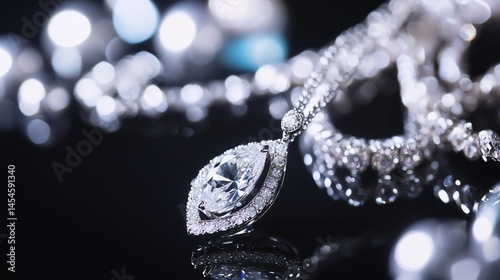 Elegant diamond necklace with shimmering bokeh on a reflective surface