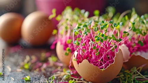 Radish microgreens in eggshells create a fresh and vibrant display