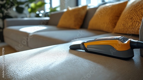 Handheld vacuum cleaner on a modern sofa in a bright living room setting