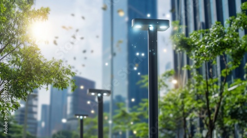 Smart street lighting in a modern urban landscape, eco-friendly technology