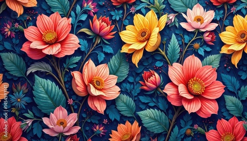 Fluid, interwoven floral motif, endless repeat , modern, print, vibrant