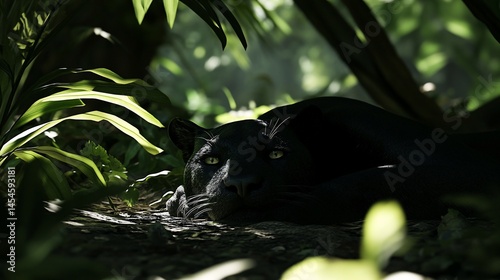 Serene black panther resting under the lush foliage of the jungle's depth