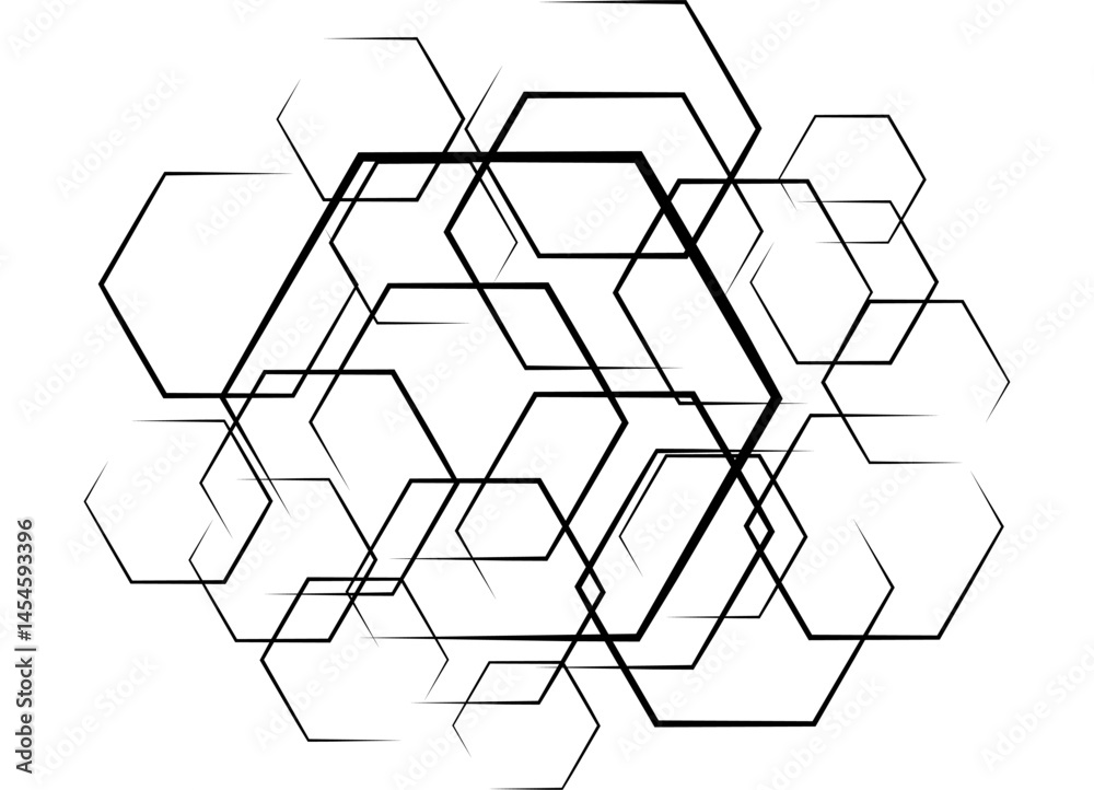 Abstract pattern of hexagons, thin black lines on a white background. dynamic composition, honeycomb, modern geometric style. Design element for background, technical themes. Vector background Abstract pattern of hexagons, thin black lines on a white background. dynamic composition, honeycomb, modern geometric style. Design element for background, technical themes. Vector background