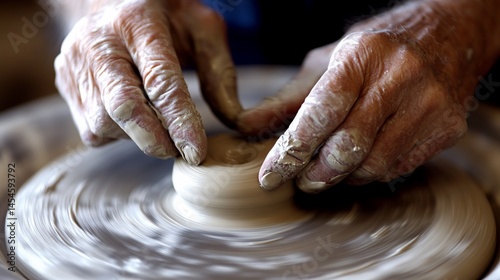 Hands shaping clay on a spinning pottery wheel in a creative workshop