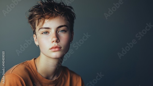 Portrait of serious transgender nonbinary teen, casual clothes, studio background, respectful tone