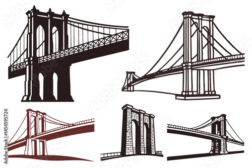 set of Brooklyn Bridge silhouette vector illustration