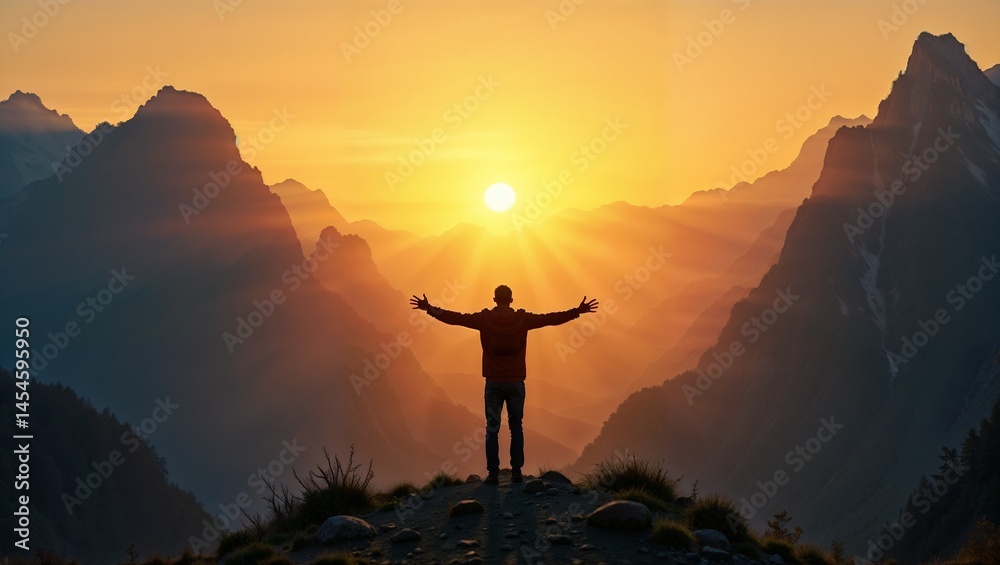 Person with arms outstretched faces the sun rising over mountains. Person with arms outstretched faces the sun rising over mountains.