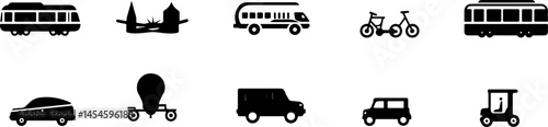 Black and White Icons Representing Various Modes of Transportation and Travel-Related Elements
