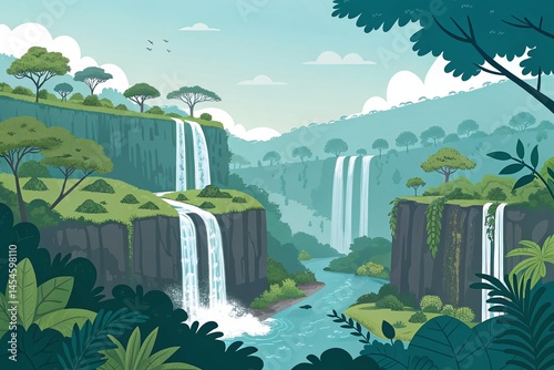 Serene Tropical Waterfalls in Lush Green Landscape with Clear Blue River