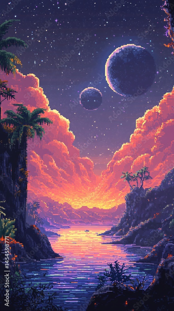 Fototapeta premium Vibrant Cosmic Sunset Over Alien Landscape with Two Planets and Lush Vegetation