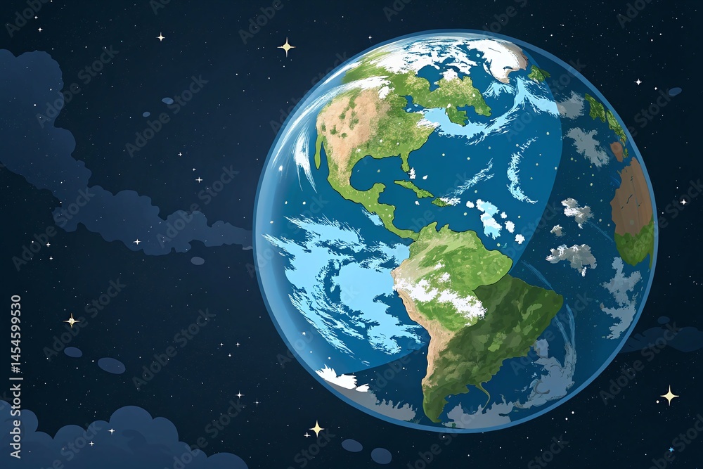 Beautiful Vector Illustration of Earth from Space with Detailed Continents and Starry Background Beautiful Vector Illustration of Earth from Space with Detailed Continents and Starry Background