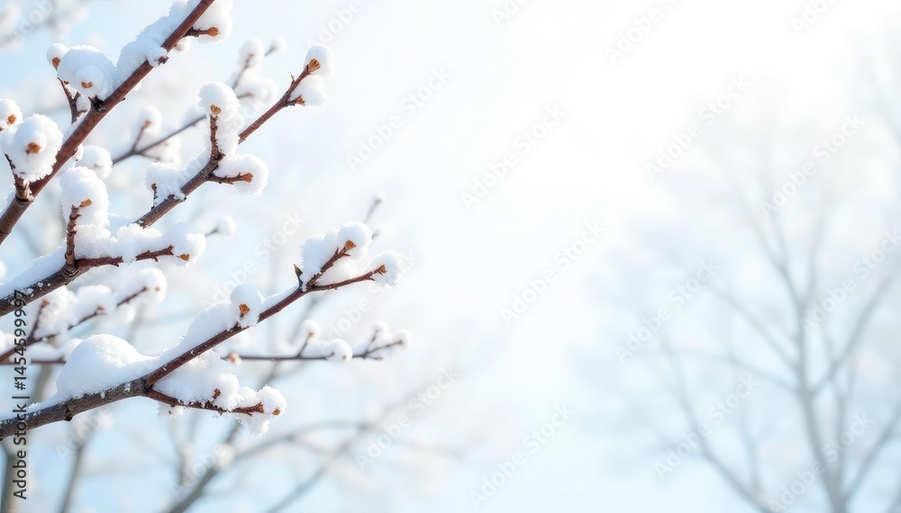 Snow-covered branches against a bright white backdrop, serene, image Snow-covered branches against a bright white backdrop, serene, image