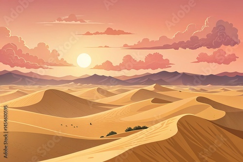 Stunning Desert Landscape at Sunset with Dunes Clouds and Mountains in Warm Color Palette