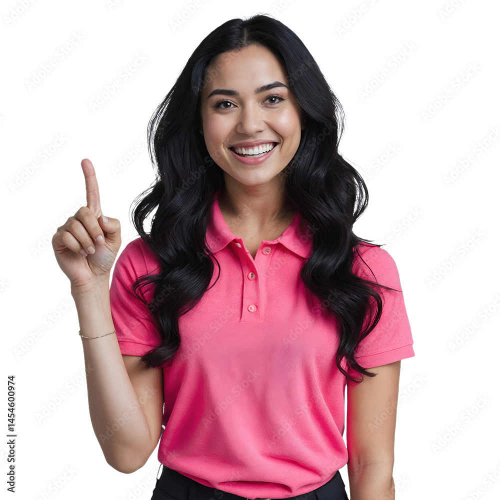 Smiling Woman Pointing Finger Up on Transparent Background Smiling Woman Pointing Finger Up on Transparent Background