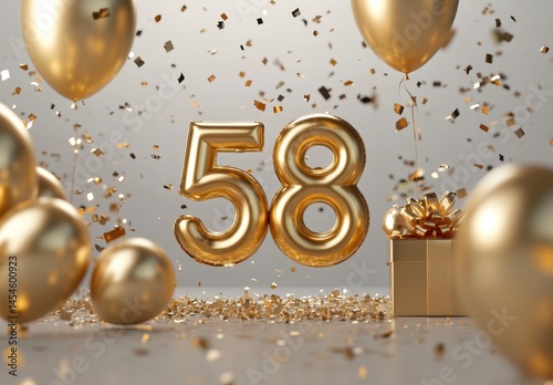 Golden 58th Birthday Celebration with Balloons and Confetti photo