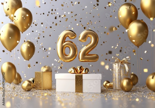 Golden Celebration with Balloons and Confetti for 62nd Birthday