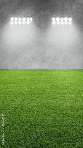 Bright lights shine on a lush green field, casting shadows on the textured background wall