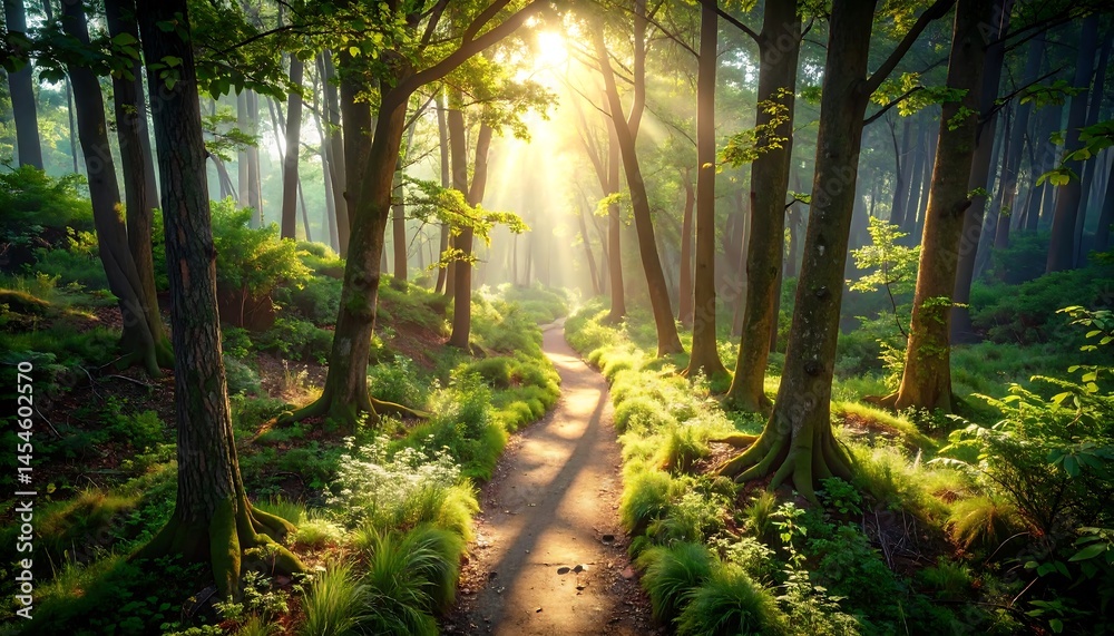 Fototapeta premium Sunlit Forest Path: A Misty Morning Walk