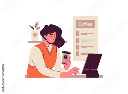 Illustration of an Coffeeshop Work From Cafe Cartoon Character