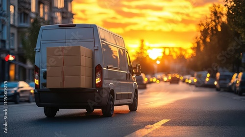 Van delivering urgent package during golden hour rush