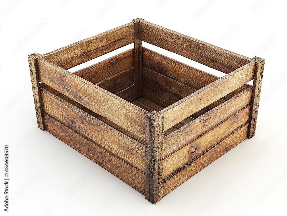 Rustic Wooden Crate: An open, empty crate made from weathered wooden planks, showcasing texture and simple design. Rustic Wooden Crate: An open, empty crate made from weathered wooden planks, showcasing texture and simple design.