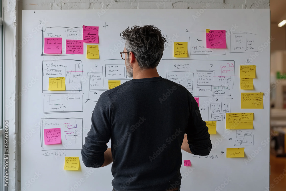 Fototapeta premium person analyzing UX wireframes and user journeys on whiteboard filled with colorful sticky notes, showcasing collaborative design process