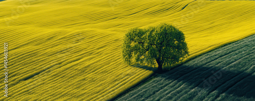 Abstract Aerial View of Yellow Rapeseed Fields in Spring Monochrome Contrast, Solitary Tree, and Vibrant Agricultural Landscape