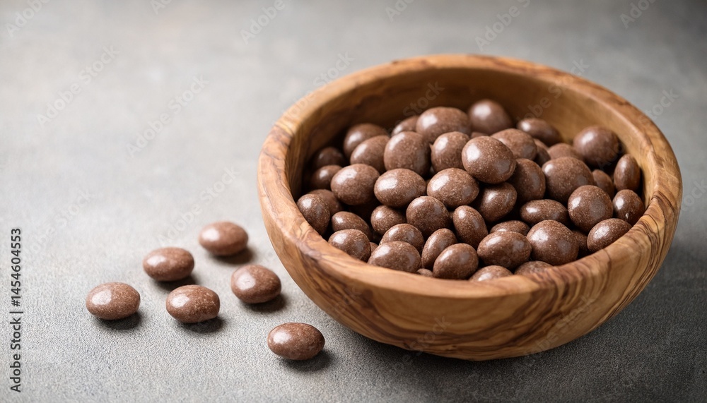 milk chocolate dragee in olive wood bowl on concrete background milk chocolate dragee in olive wood bowl on concrete background
