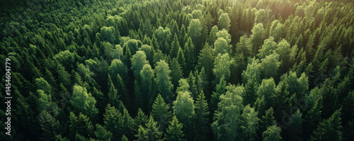 Aerial view of dense Finnish spruce and pine forest canopy in summer, soft sunlight filtering through. Serene Nordic landscape with lush green foliage.