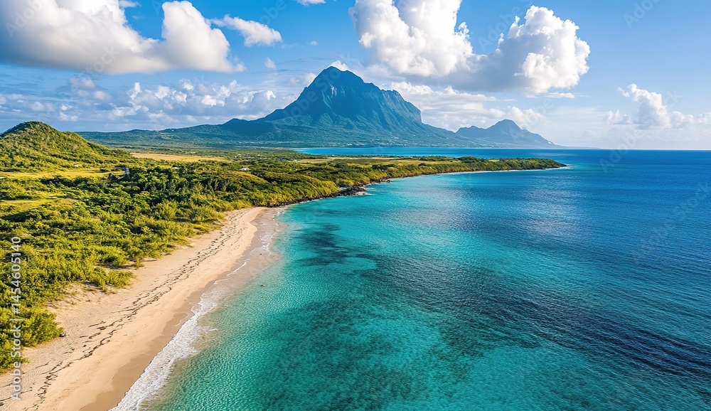 Fototapeta premium Tropical Beach Panorama With Mountains And Turquoise Water