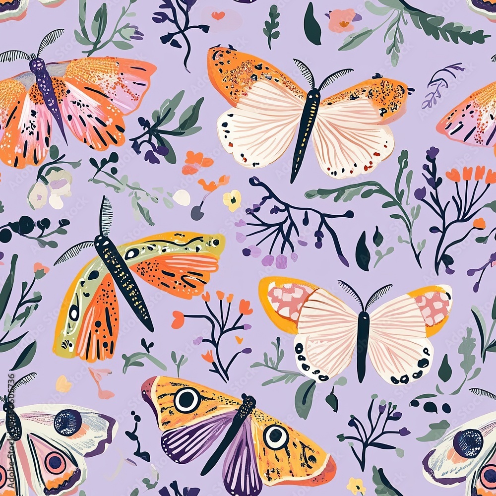 Obraz premium A vibrant pattern featuring butterflies and floral elements in a playful and colorful style on a soft violet background