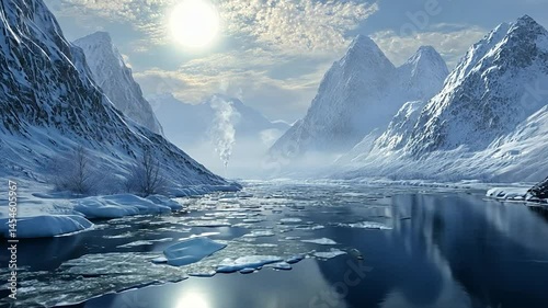 Frozen fjord, snow-capped peaks, serene winter landscape