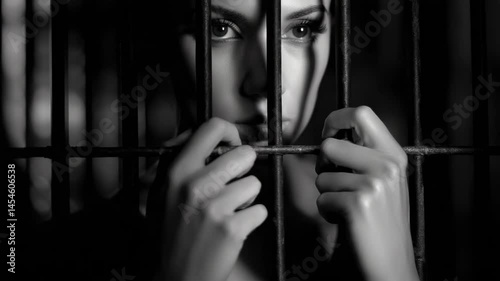 Dramatic monochrome portrait of a young woman behind metal bars, expressing sadness and confinement with her hands gripping the bars.
