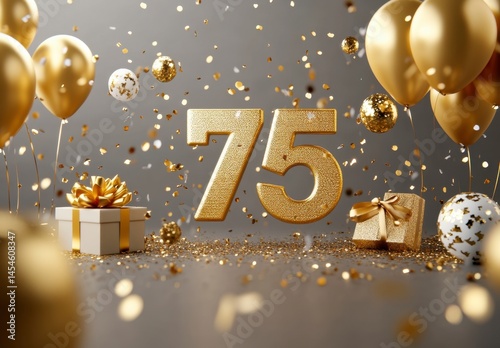 Golden Celebration 75th Birthday with Balloons and Confetti