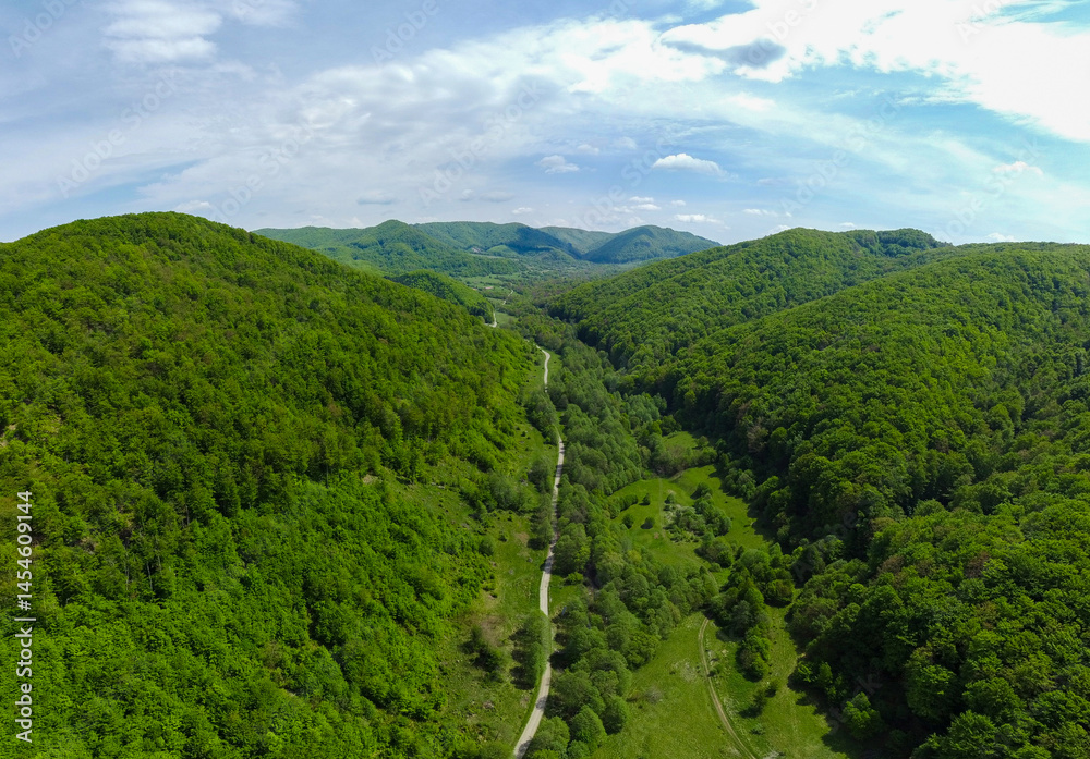 Aerial view of a valley between hills with green deciduous forests
